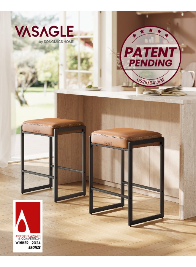 VASAGLE EKHO Collection - Bar Stools Set of 2, Counter Height Bar Stools, Synthetic Leather with Stitching, Mid-Century Modern Counter Stools, 26-Inch Tall, Kichen Home Bar Dining Room, Caramel Brown - Image 2