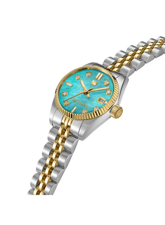 غاي لاروش ساعة يد نسائية بسوار معدني فضي ذهبي وميناء من عرق اللؤلؤ بلون أزرق وردي بعقارب مقاس  مم