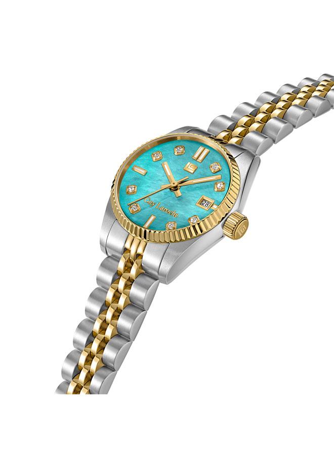 غاي لاروش ساعة يد نسائية بسوار معدني فضي ذهبي وميناء من عرق اللؤلؤ بلون أزرق وردي بعقارب مقاس  مم - Image 2