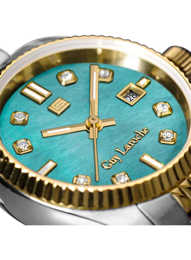 غاي لاروش ساعة يد نسائية بسوار معدني فضي ذهبي وميناء من عرق اللؤلؤ بلون أزرق وردي بعقارب مقاس  مم - Image 4