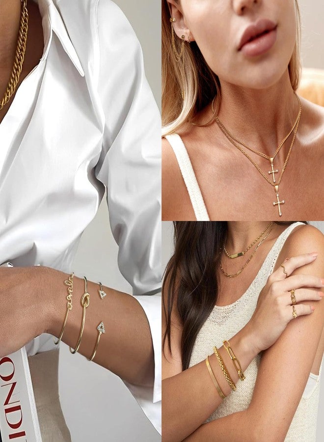 EIELO 90pcs Gold Jewelry Set for Women with 7 Necklaces, 11 Bracelets, 12 Hoop Earrings 24 Ear Studs, 14 Ear Cuffs, 22 Knuckle Rings for Womens Gold Plated Fashion Jewelry Set - Image 5
