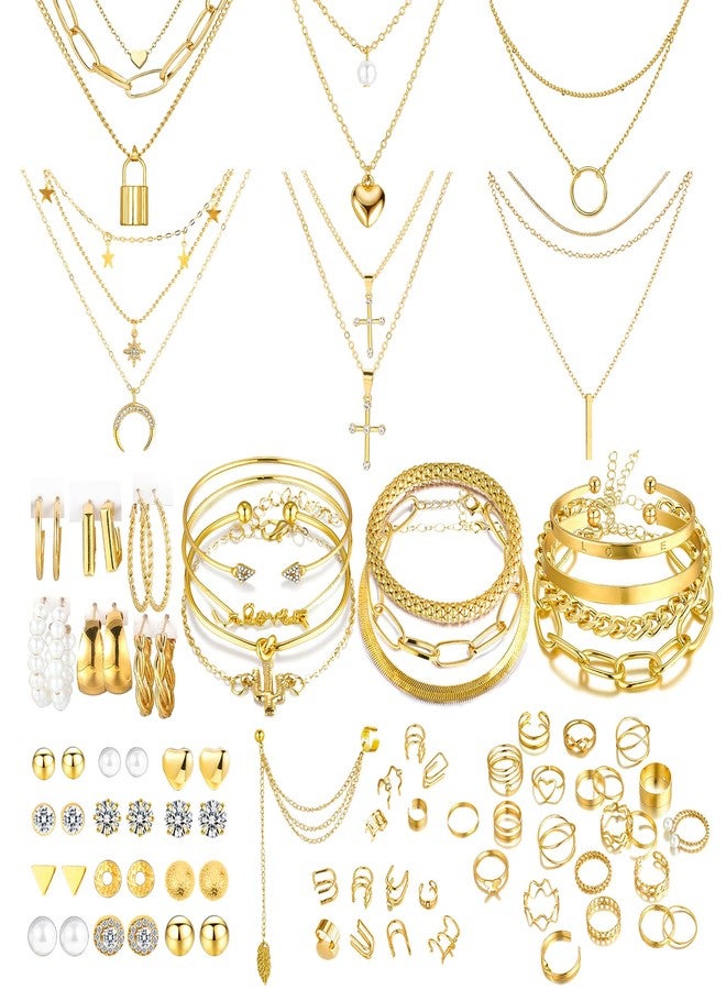 EIELO 90pcs Gold Jewelry Set for Women with 7 Necklaces, 11 Bracelets, 12 Hoop Earrings 24 Ear Studs, 14 Ear Cuffs, 22 Knuckle Rings for Womens Gold Plated Fashion Jewelry Set - Image 1