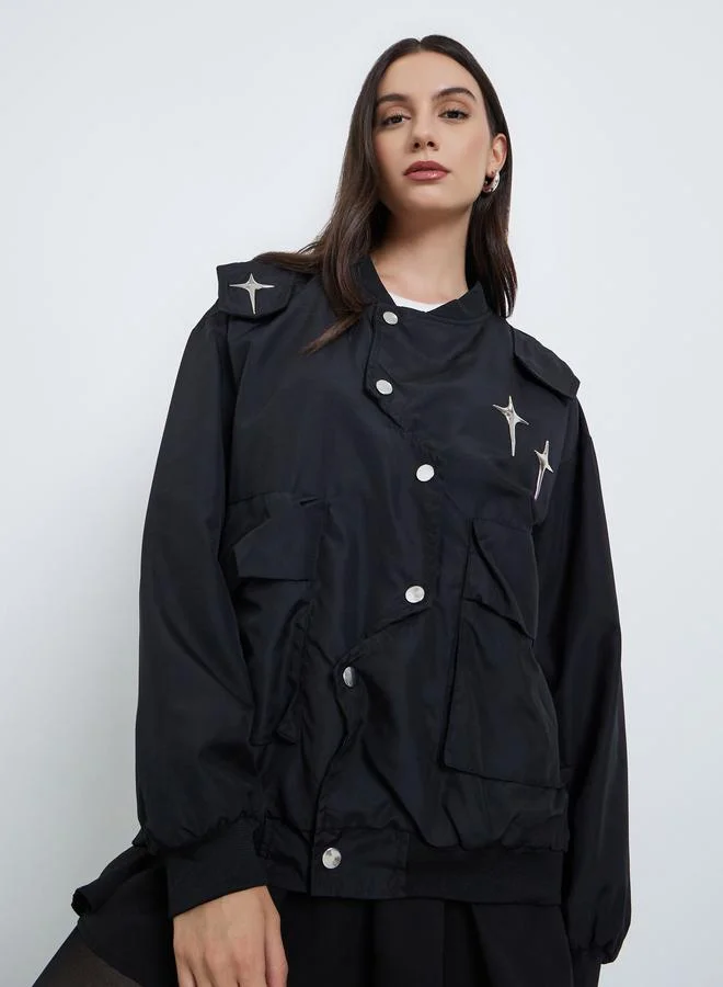 Styli  Styli Black Metal Stud Accent Utility Jacket for Women | Best Price UAE