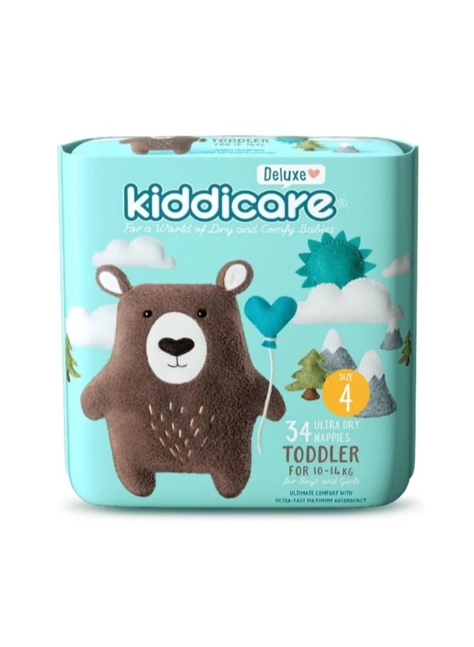 Kiddicare Baby Deluxe Toddler Diaper Nappy, Size 4, 34 Count, Leakage Protection, 10-14 kg, Anti Rash, 12 Hours Absorption, Cottony Soft Ultra Fast High Absorb Technology