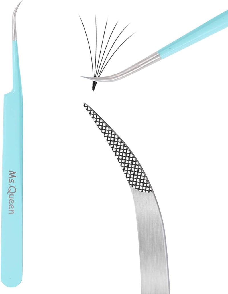 Ms.Queen Lash Tweezers for Eyelash Extensions,Professional 5Pcs Fiber Tip Curved Isolation 45 90 Degree Boot Volume Lash Tweezers for Extensions, Blue - Image 1