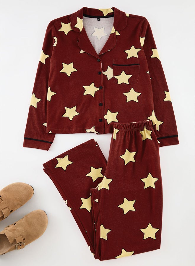 trendyol Claret Red 100% Cotton Star Patterned Knitted Pajama Set THMAW21PT0456  - Image 1
