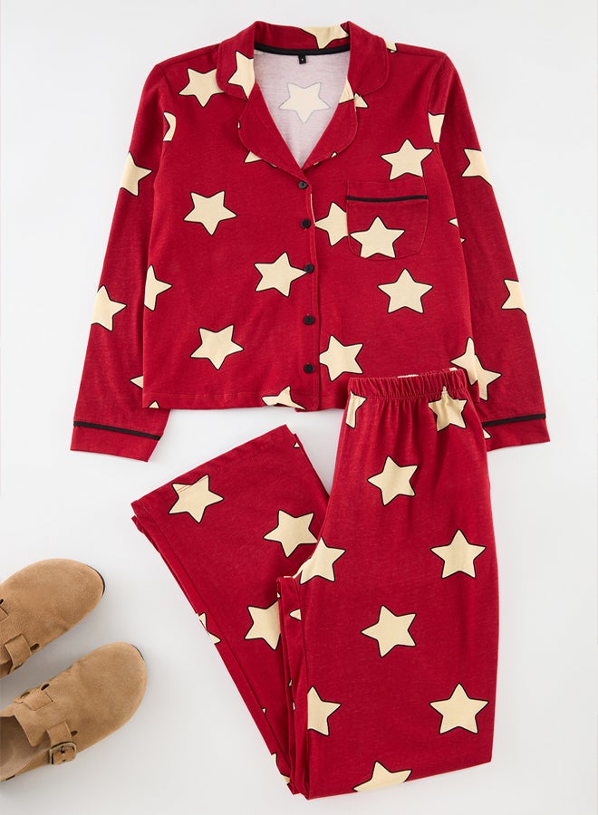 trendyol Claret Red 100% Cotton Star Patterned Knitted Pajama Set THMAW21PT0456  - Image 2