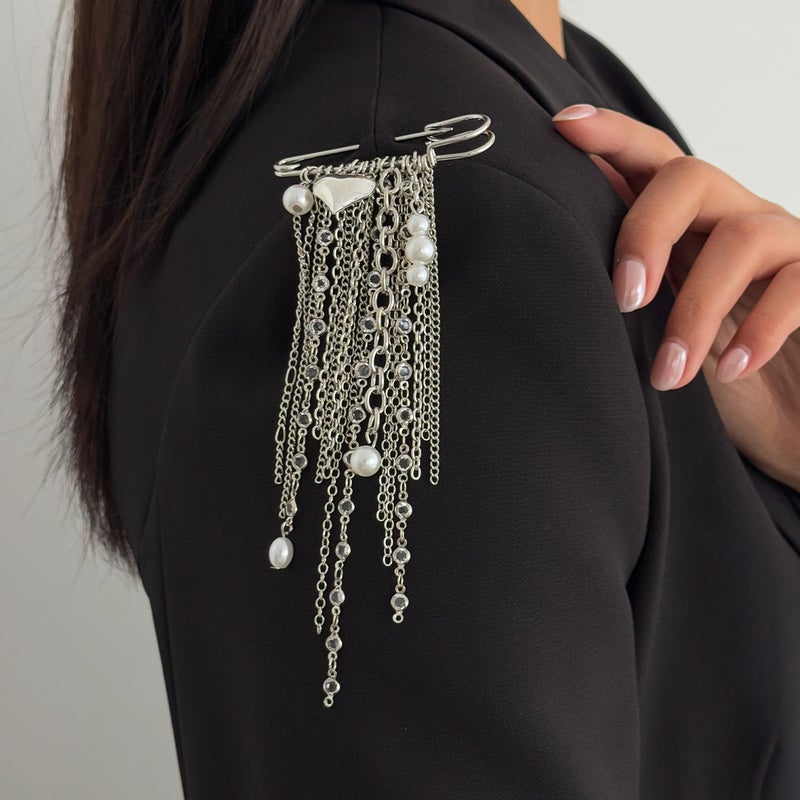 SHIXIN European and American Cross-Border Accessories: Exaggerated Heart-Shaped Brooch with Multiple Tassels, Ins Fashion Pearl Chain Pin Decoration - Image 2