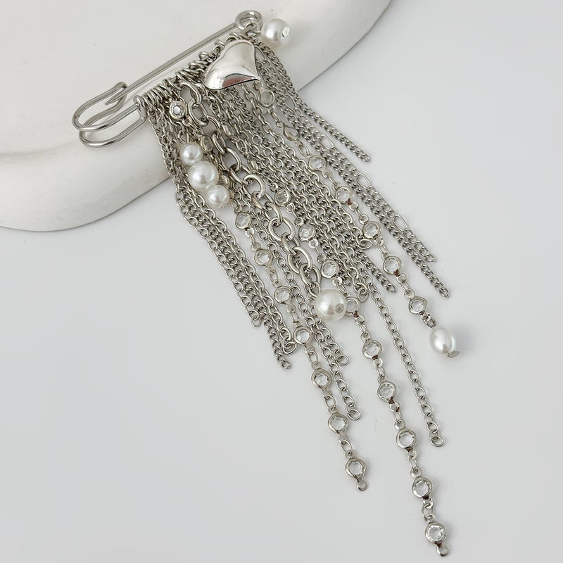 SHIXIN European and American Cross-Border Accessories: Exaggerated Heart-Shaped Brooch with Multiple Tassels, Ins Fashion Pearl Chain Pin Decoration - Image 4