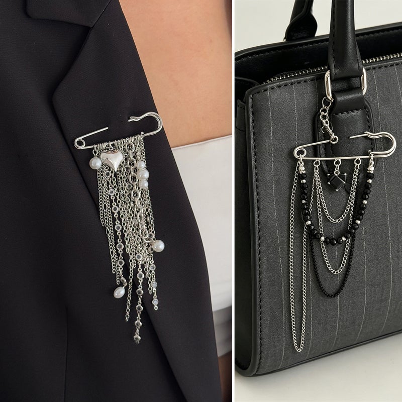 SHIXIN European and American Cross-Border Accessories: Exaggerated Heart-Shaped Brooch with Multiple Tassels, Ins Fashion Pearl Chain Pin Decoration - Image 1
