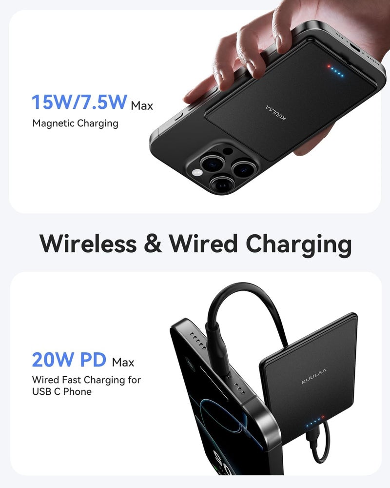 KUULAA Magsafe Power Bank 5000mAh 20W, Wireless Portable Charger Fast Charging, Magnetic Battery Pack Compatible with iPhone 17/16/15/14/13/12 Serie - Matte Black - Image 4