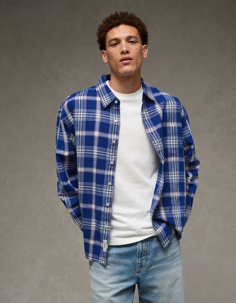 American Eagle AE Relaxed Linen-Blend Button-Up Shirt - Image 1