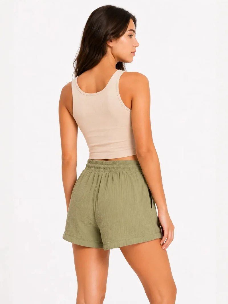 Mixray Sage Green Mixray High-Waist Textured Wide-Leg Shorts for Women | Best Price UAE