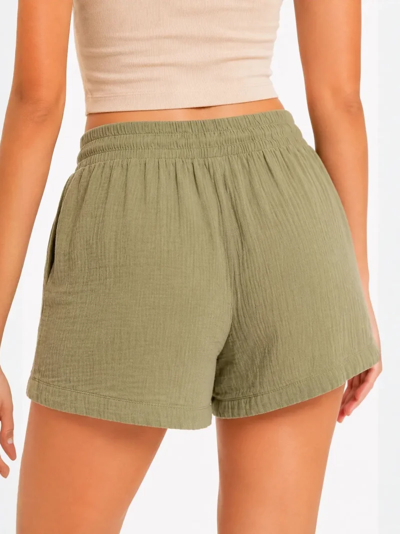 Mixray Sage Green Mixray High-Waist Textured Wide-Leg Shorts for Women | Best Price UAE