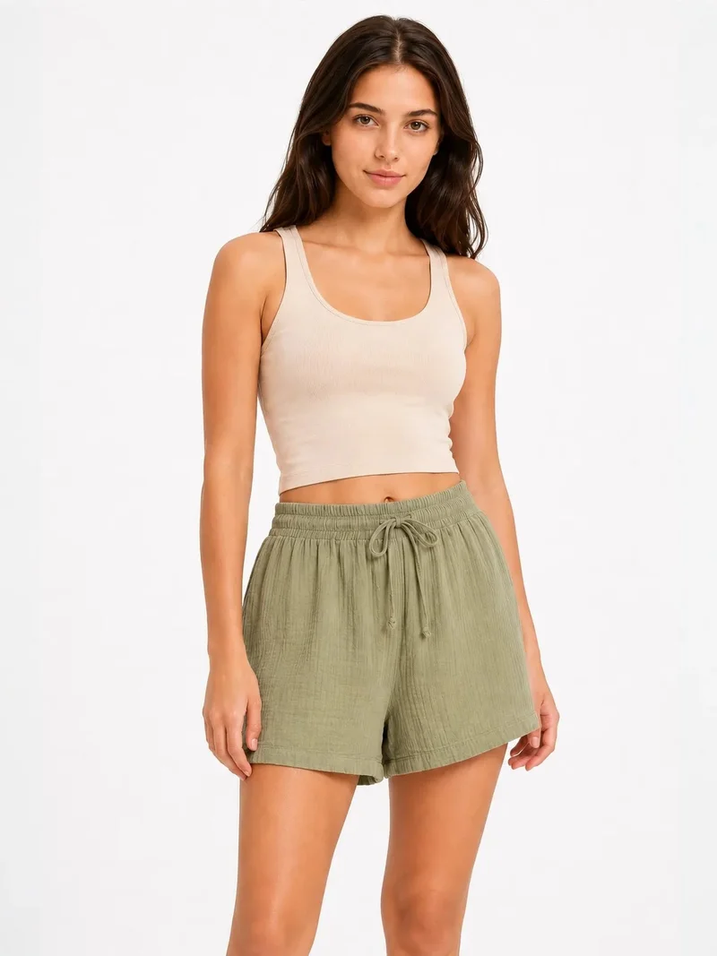 Mixray Sage Green Mixray High-Waist Textured Wide-Leg Shorts for Women | Best Price UAE