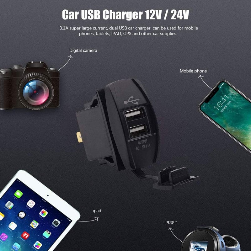 woobles 5V 3.1A Dual USB Charger Socket, Car Motorcycle Power Outlet Adapter Cigarette Lighter Socket Phone Charger Power Adapter (Black) - Image 2