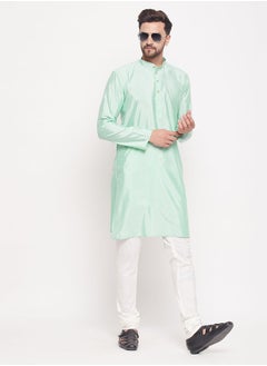 Men's Aqua And Cream Silk Blend Kurta Pyjama Set