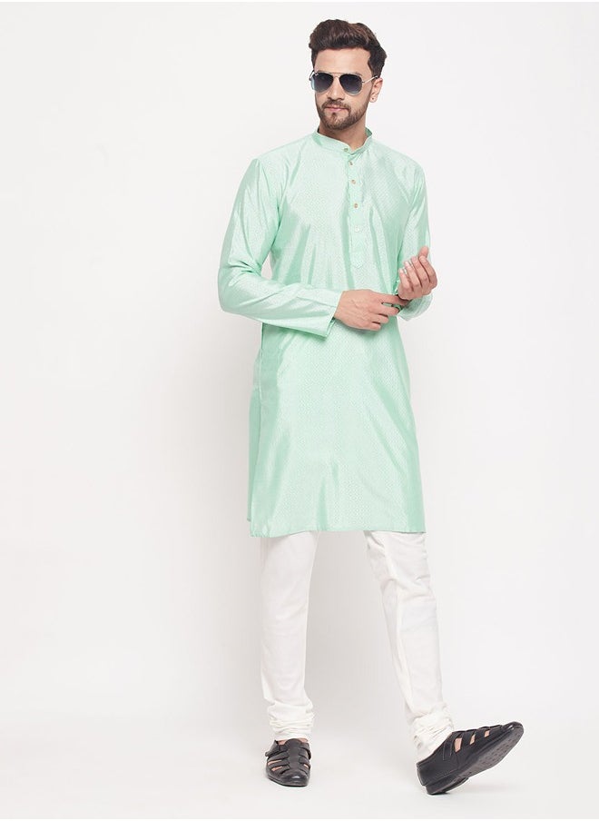 PRASHA - Men's Aqua And Cream Silk Blend Kurta Pyjama Set - Image 1