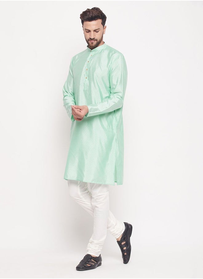 PRASHA - Men's Aqua And Cream Silk Blend Kurta Pyjama Set - Image 1