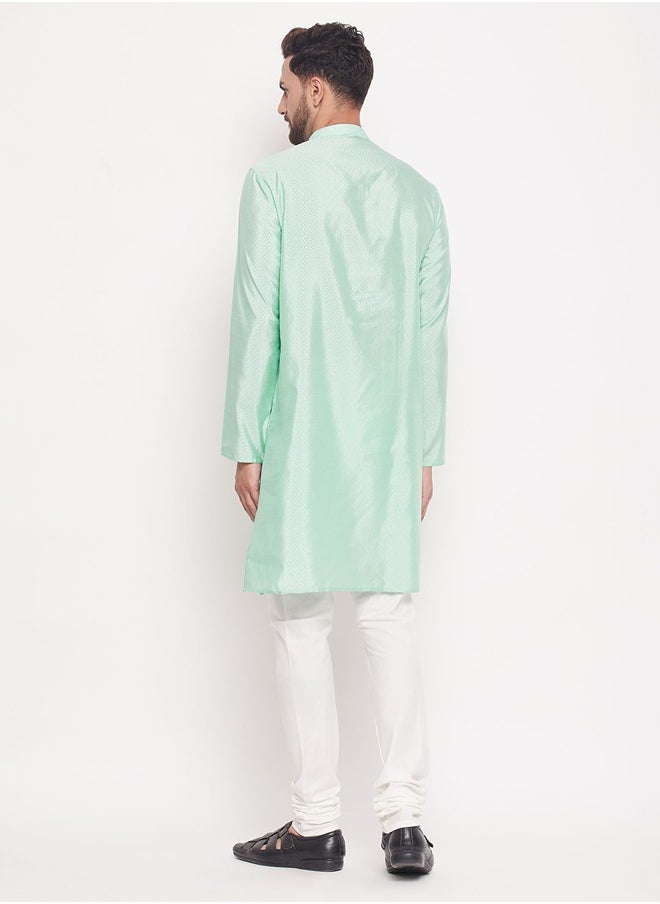 PRASHA - Men's Aqua And Cream Silk Blend Kurta Pyjama Set - Image 1
