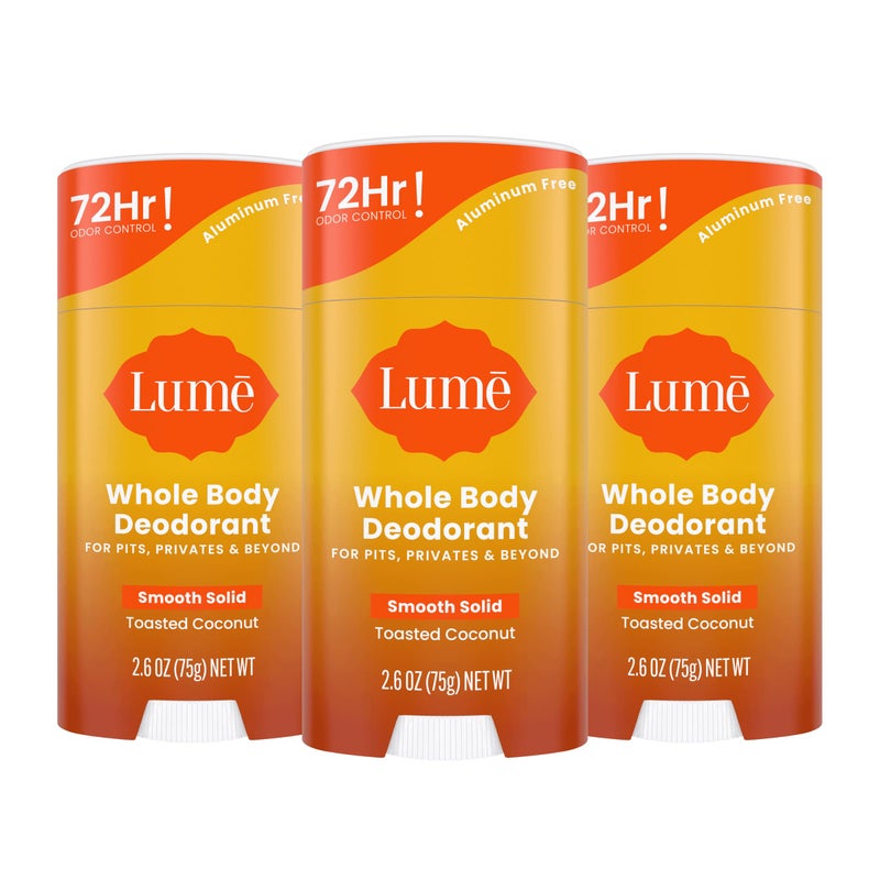 Lume Whole Body Deodorant  Smooth Solid Stick  72 Hour Odor Control  Aluminum Free Baking Soda Free and Skin Loving  26 Ounce Pack of 3 Toasted Coconut