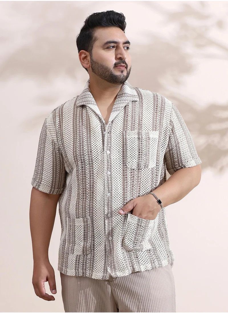 انستافاب بلس Instafab Plus Men's Off-White & Brown Striped Open-Knit Relaxed Shirt For Casual Wear | Spread Collar | Short Sleeves | Button Closure | Plus Size Shirt Crafted With Comfort Fit For Everyday Wear