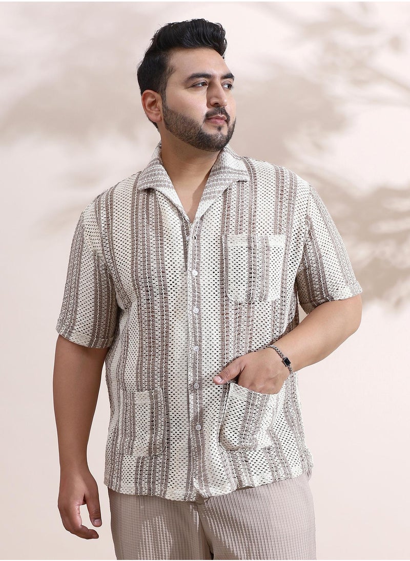Instafab Plus Instafab Plus Men's Off-White & Brown Striped Open-Knit Relaxed Shirt For Casual Wear | Spread Collar | Short Sleeves | Button Closure | Plus Size Shirt Crafted With Comfort Fit For Everyday Wear  - Image 2