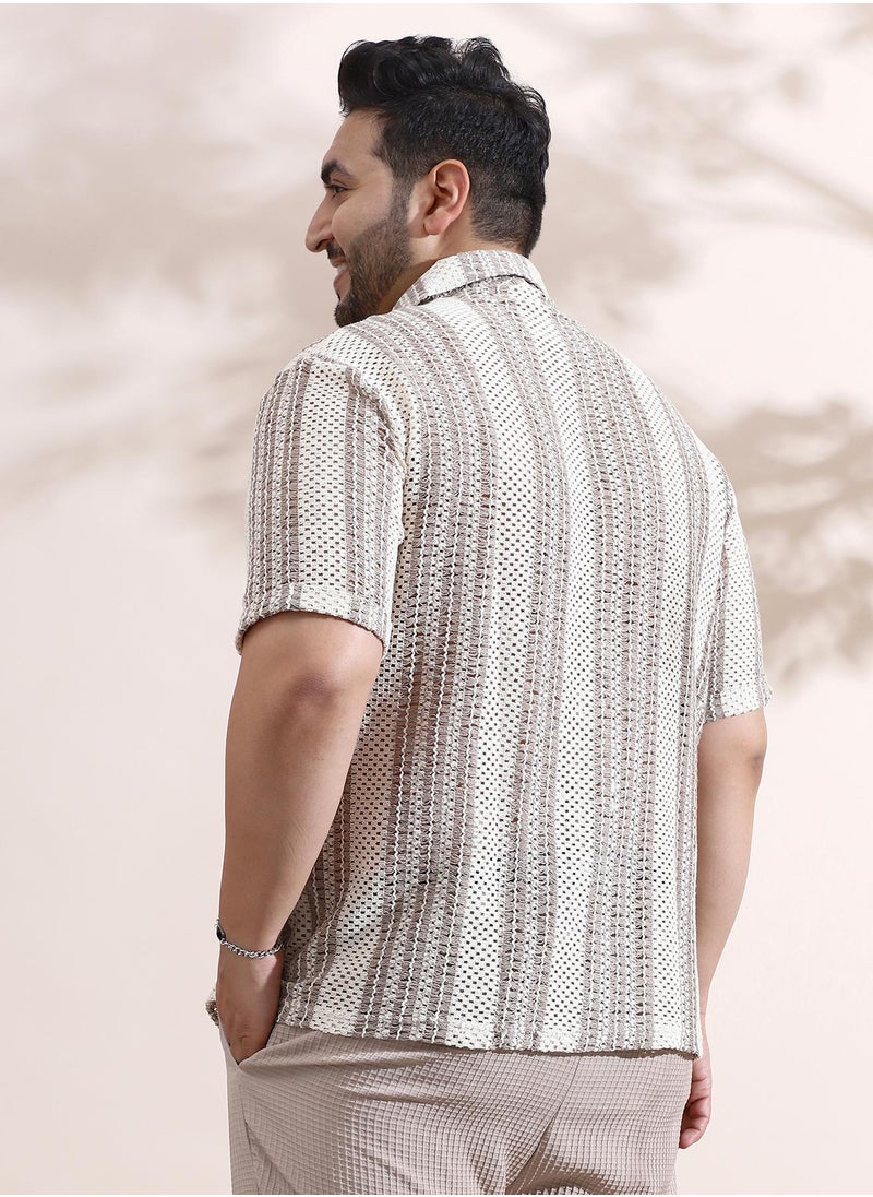 Instafab Plus Instafab Plus Men's Off-White & Brown Striped Open-Knit Relaxed Shirt For Casual Wear | Spread Collar | Short Sleeves | Button Closure | Plus Size Shirt Crafted With Comfort Fit For Everyday Wear  - Image 5