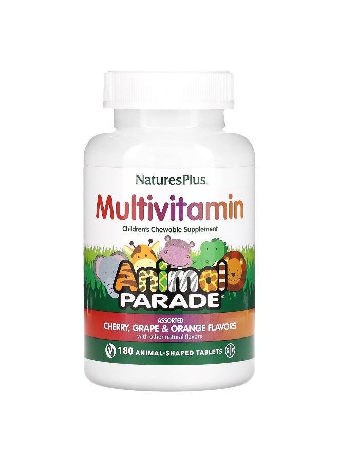 NaturesPlus, Animal Parade, Children's Chewable Multivitamin Supplement, Cherry, Grape & Orange, 180 Animal-Shaped Tablets (Packaging may vary)