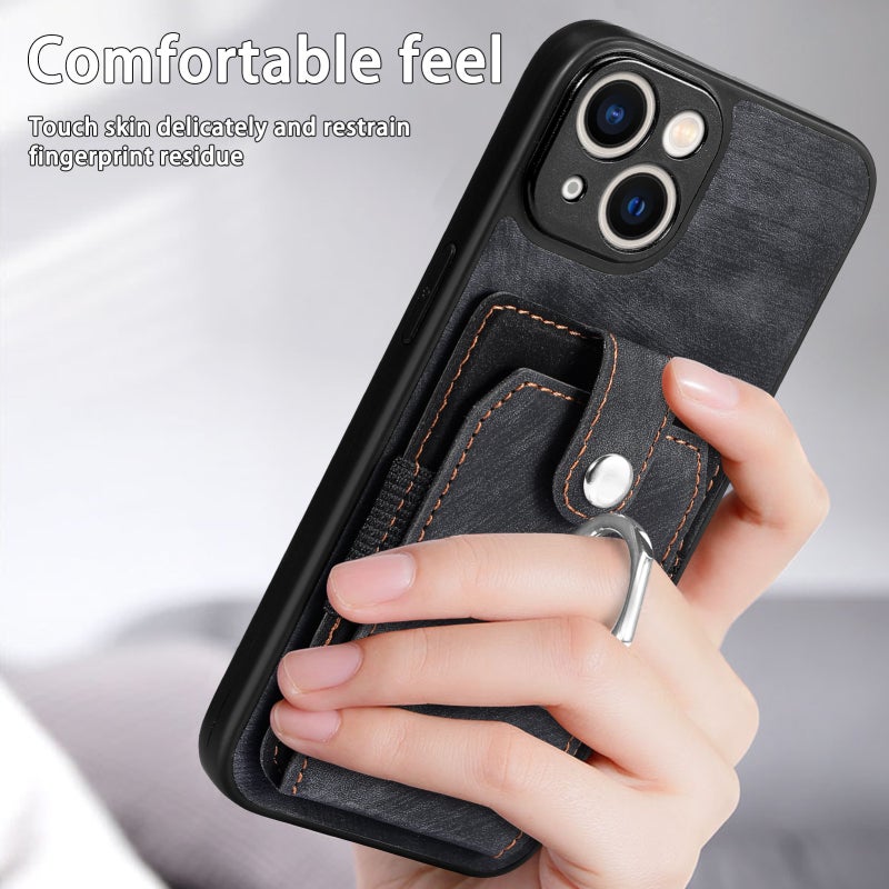 HuHa Case Cover For iPhone 13 Pro Max Retro Skin-feel Ring Card Wallet Phone Case(Black) - Image 3