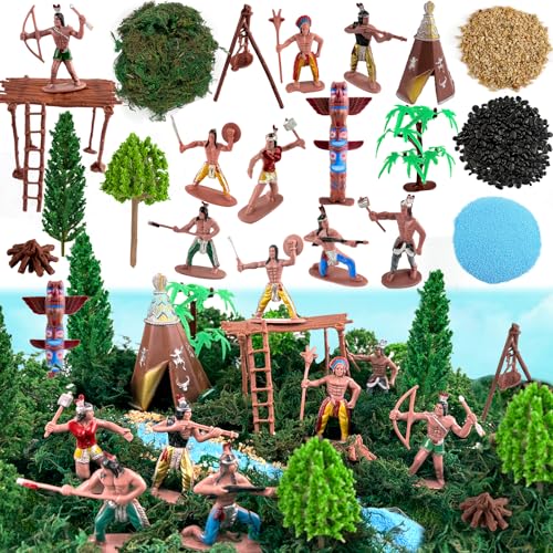 LEBERY Native American Figurines Set 43 Pcs Plastic Miniature Indian Figure Toys Indian Figurines for Kids Includes Moss Trees Sand Stones Indians Action Figures for Projects Diorama Decor Birthday Gift - Image 1