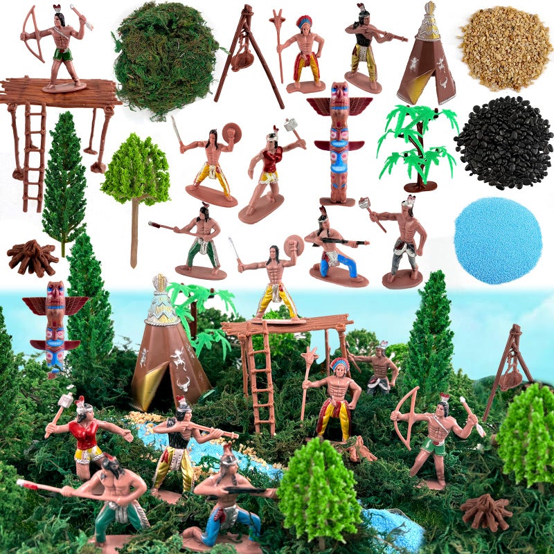 LEBERY Native American Figurines Set 43 Pcs Plastic Miniature Indian Figure Toys Indian Figurines for Kids Includes Moss Trees Sand Stones Indians Action Figures for Projects Diorama Decor Birthday Gift - Image 3