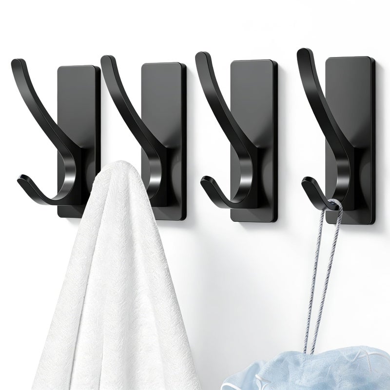 Josmimic Self Adhesive Towel Hooks: Extra Strong 13LB, Stainless Hook for Hanging Loofah, Towels, Coat, Bath Robe Bathroom Shower, Black, 4 Pack - Image 1
