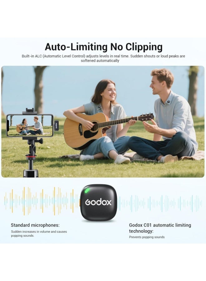 جودوكس Godox C01 ميكروفون لافالير لاسلكي — مايك صغير بمشبك مغناطيسي، خفض ضوضاء DSP وAI، 48kHz/24bit، مدى ثابت 200م، بطارية 9 ساعات (54س مع العلبة)، دعم شحن تمرير 60W - Image 4