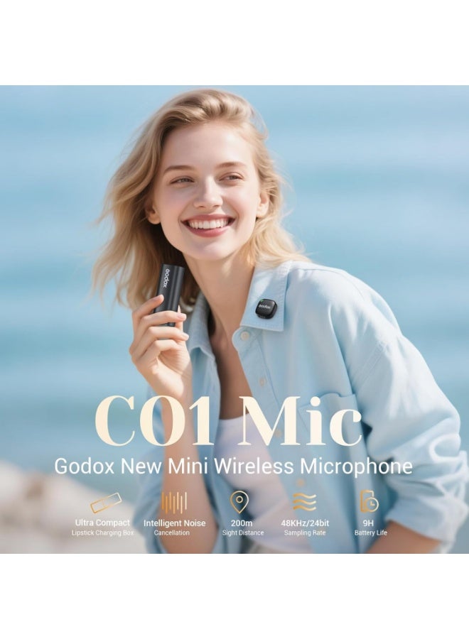 جودوكس Godox C01 ميكروفون لافالير لاسلكي — مايك صغير بمشبك مغناطيسي، خفض ضوضاء DSP وAI، 48kHz/24bit، مدى ثابت 200م، بطارية 9 ساعات (54س مع العلبة)، دعم شحن تمرير 60W - Image 2