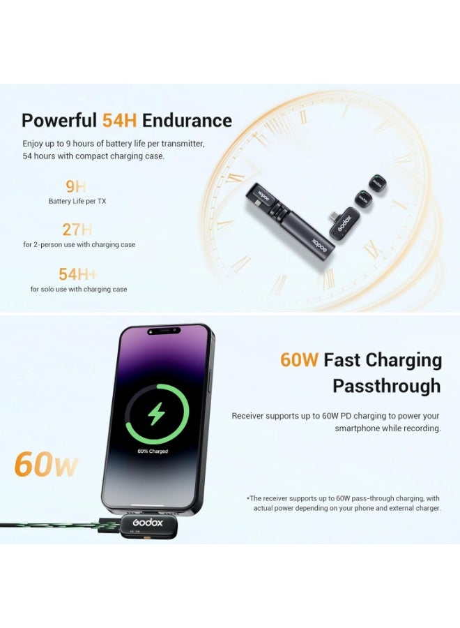 جودوكس Godox C01 ميكروفون لافالير لاسلكي — مايك صغير بمشبك مغناطيسي، خفض ضوضاء DSP وAI، 48kHz/24bit، مدى ثابت 200م، بطارية 9 ساعات (54س مع العلبة)، دعم شحن تمرير 60W - Image 5