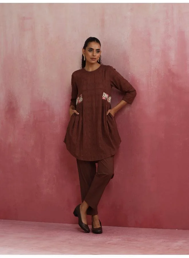 ترو برونز trueBrowns Brown Cotton Dobby Kurta Co-ord set