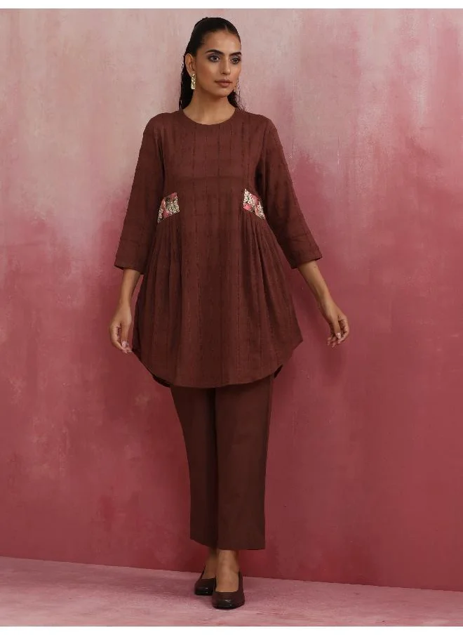 ترو برونز trueBrowns Brown Cotton Dobby Kurta Co-ord set