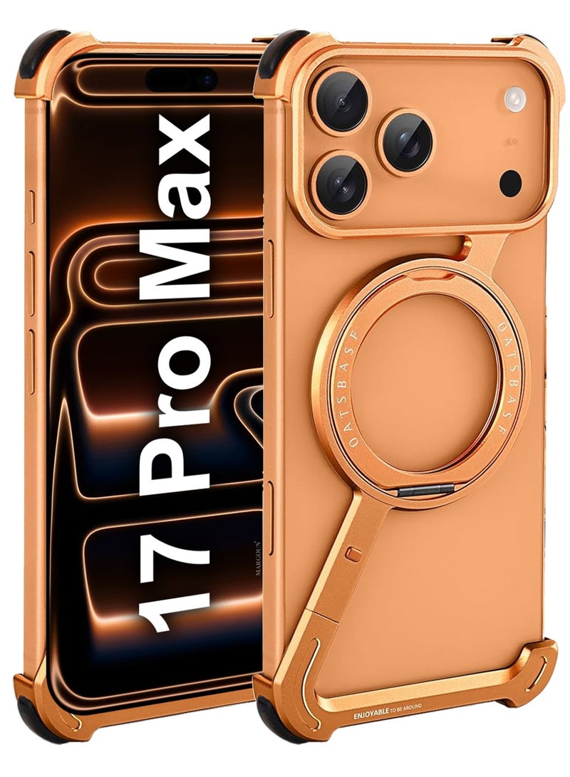 2Packs Minimalist Phone Cover for iPhone 17 Pro Max, 360° Rotation Kickstand Aluminum Metal Frameless Design Bumper Z Case, Protective Shock Grade Shell with 3D Screen Protector - Cosmic Orange - Image 2