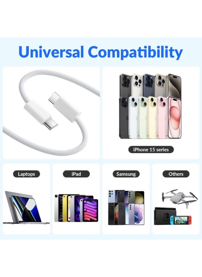 Generic - USB C to USB C Braided Cable 60W, Faster Power Delivery Charging Cord, Compatible with iPhone 15/15 Pro/15 Plus/15 Pro Max, iPad Mini/Pro, MacBook Pro/Air, White - Image 1