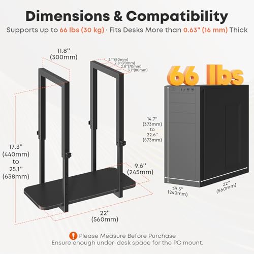 PUTORSEN Heavy Duty Under Desk PC Mount with Adjustable Height, Under-Desk Computer CPU Holder for PC Case, Space Saving Desk Mounted Computer Stand, Max Load 66 lbs, Black - Image 2