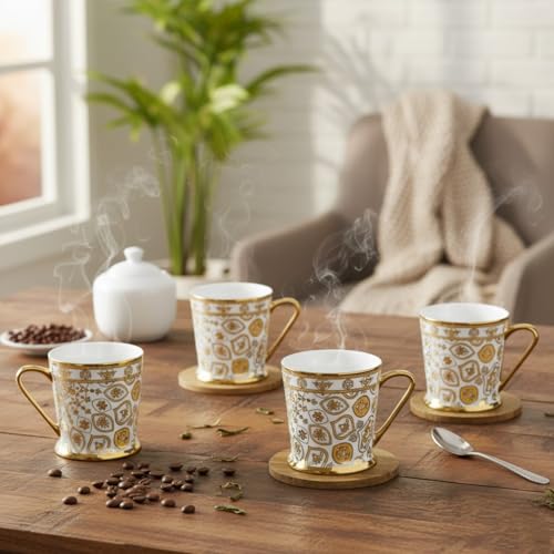 Femora Vintage Golden Print Ceramic Tea & Coffee Cup Set of 4 | 180ml Each | Chip Resistant | Food Grade | Lead & Cadmium Free | 1 Year Chipping Warranty | Perfect for Home & Gifting - Image 1