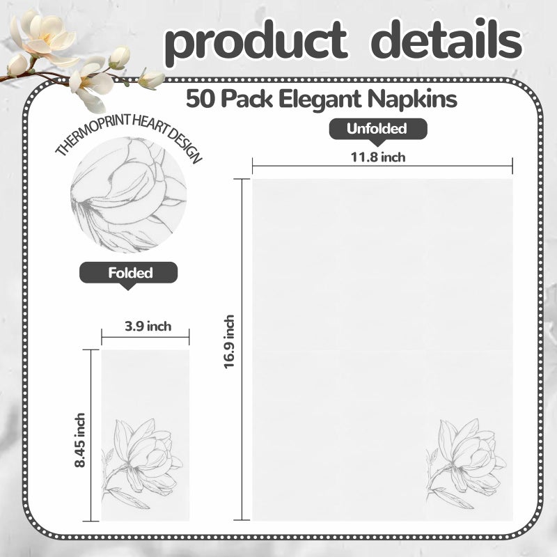 Joyido 50 Pack Silver Magnolia Napkins - Silver Floral Disposable Napkins - Cloth-Like Feel Dinner Paper - Vintage Heavy Duty Hand Towels for Bathroom Wedding Holiday Party Bridal Decorative Towels - Image 1