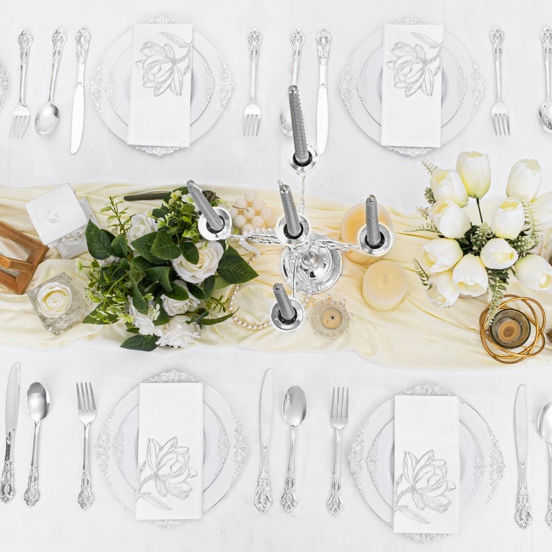 Joyido 50 Pack Silver Magnolia Napkins - Silver Floral Disposable Napkins - Cloth-Like Feel Dinner Paper - Vintage Heavy Duty Hand Towels for Bathroom Wedding Holiday Party Bridal Decorative Towels - Image 4