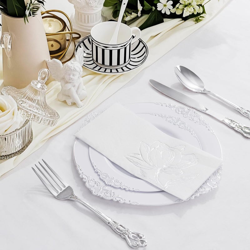 Joyido 50 Pack Silver Magnolia Napkins - Silver Floral Disposable Napkins - Cloth-Like Feel Dinner Paper - Vintage Heavy Duty Hand Towels for Bathroom Wedding Holiday Party Bridal Decorative Towels - Image 3
