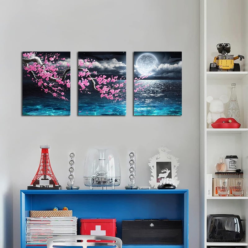 Pogusmavi Canvas Art Wall Decor Framed Wall Art Plum Blossom Moon Ocean Art Prints Wall Decor for Bedroom Modern Wall Pictures for Bathroom 3 Pieces Wall Decorations for Home Kitchen Size 12x16 Each Panel - Image 5