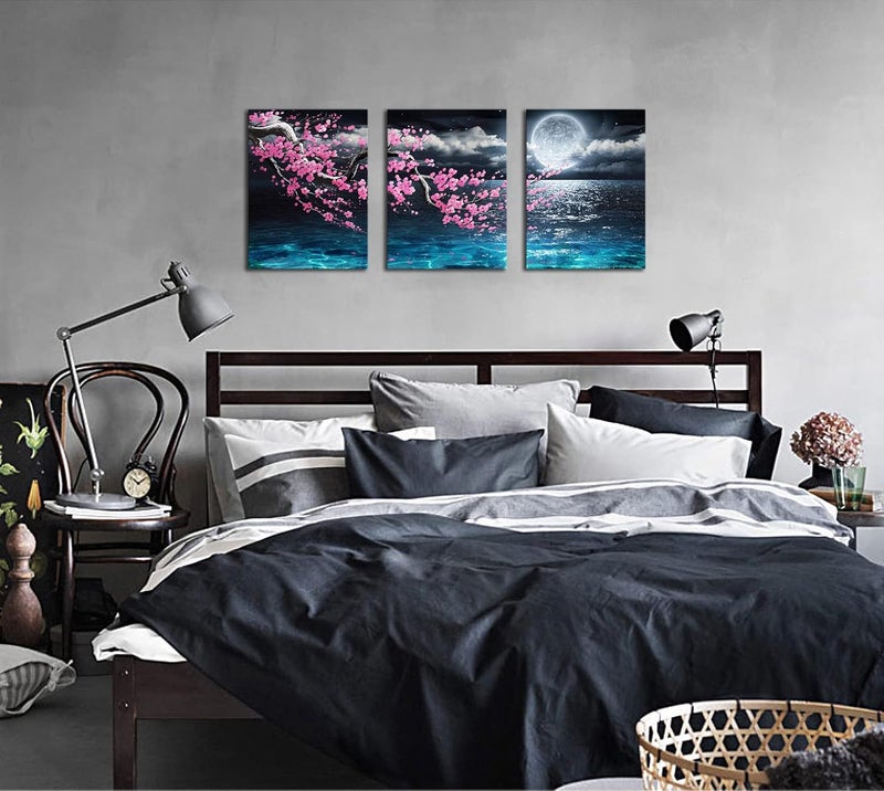 Pogusmavi Canvas Art Wall Decor Framed Wall Art Plum Blossom Moon Ocean Art Prints Wall Decor for Bedroom Modern Wall Pictures for Bathroom 3 Pieces Wall Decorations for Home Kitchen Size 12x16 Each Panel - Image 2