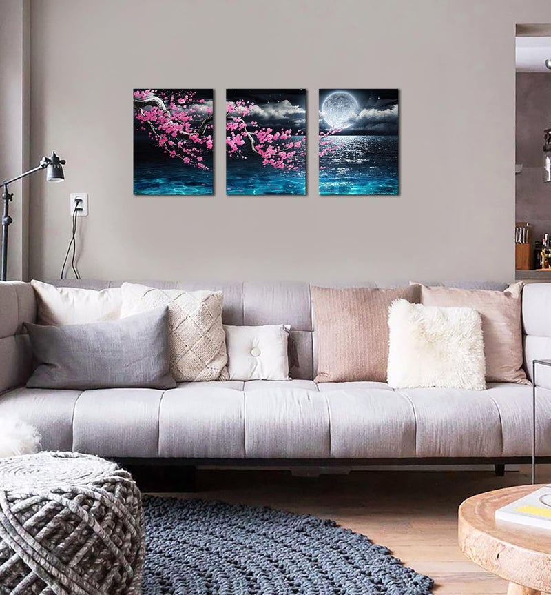 Pogusmavi Canvas Art Wall Decor Framed Wall Art Plum Blossom Moon Ocean Art Prints Wall Decor for Bedroom Modern Wall Pictures for Bathroom 3 Pieces Wall Decorations for Home Kitchen Size 12x16 Each Panel - Image 3