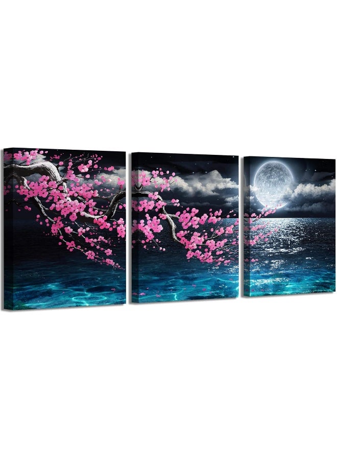Pogusmavi Canvas Art Wall Decor Framed Wall Art Plum Blossom Moon Ocean Art Prints Wall Decor for Bedroom Modern Wall Pictures for Bathroom 3 Pieces Wall Decorations for Home Kitchen Size 12x16 Each Panel - Image 1