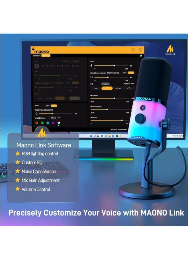 Maono PD100X XLR/USB Gaming Microphone with Software, Dynamic PC Microphone with RGB for Streaming Podcast Vocal Recording, Computer Mic with Noise Cancellation, Mute Button, Gain Knob, Desktop Stand - Image 2